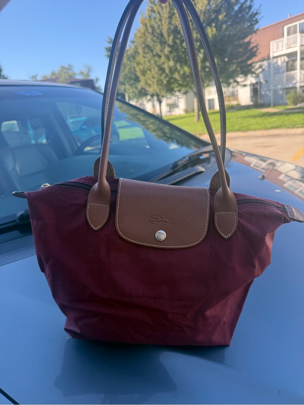 Longchamp Small Tote in Burgundy with Brown Trim
